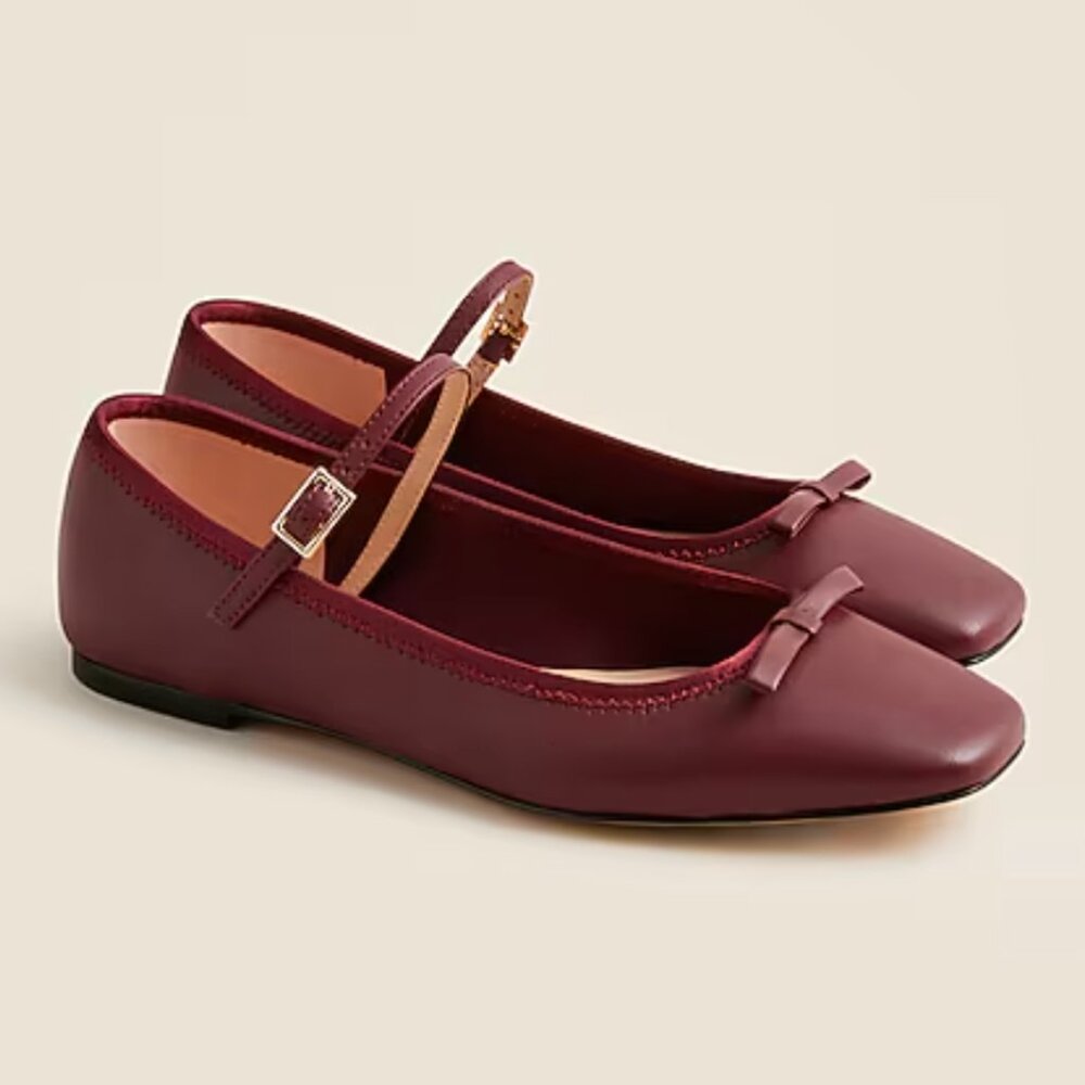 NIB J Crew Quinn Mary Jane ballet flats in leather Midnight Burgundy Size 10